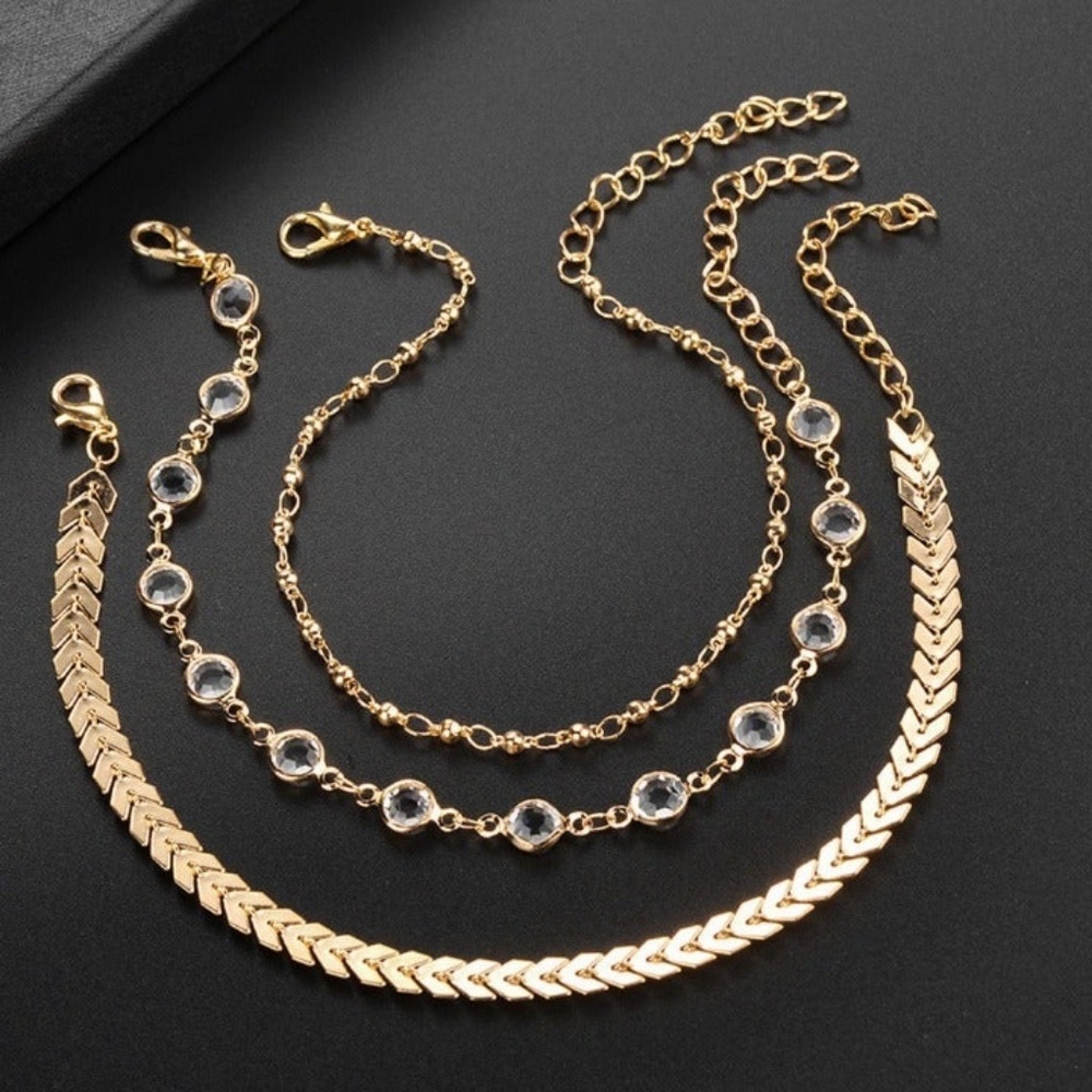 3 Piece Gold Anklet Multi-Chain - Picture 2 of 7